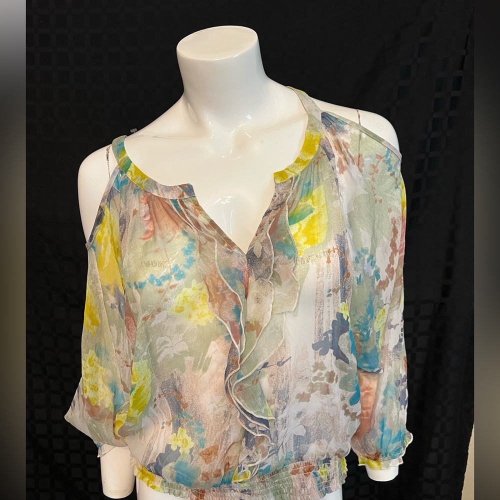 Floral sheer cold shoulder top. Size M